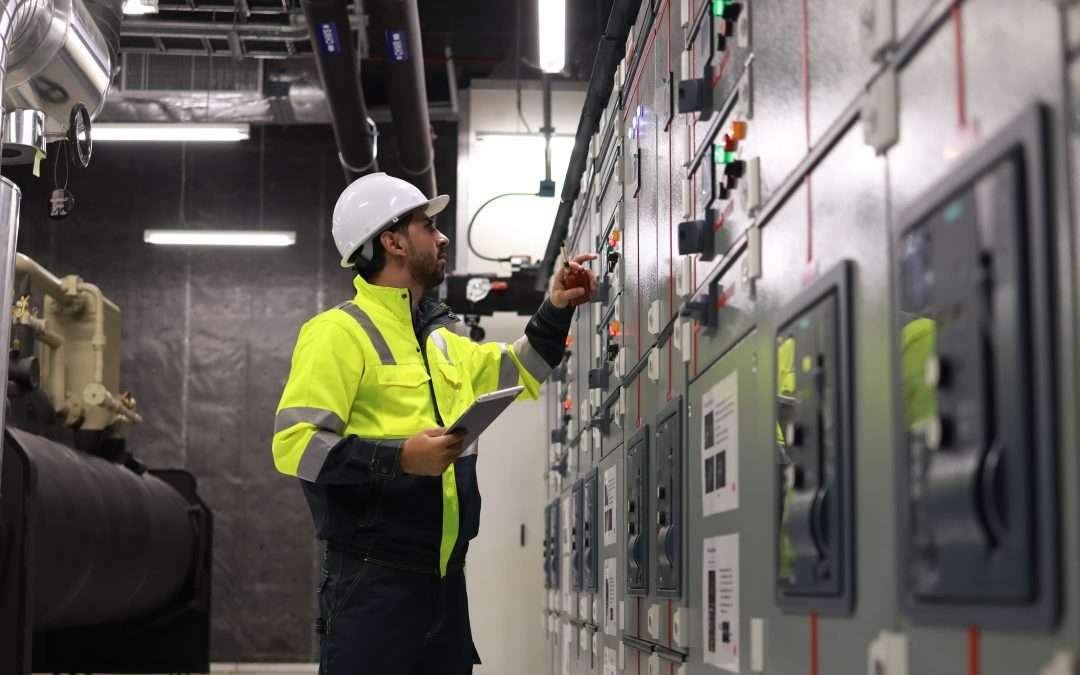 Maintenance worker holding a tablet beside industrial electrical equipment