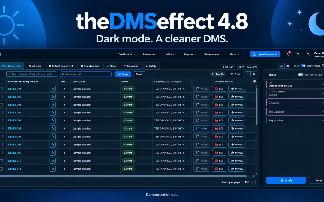 theDMSeffect 4.8 dark-mode dashboard with its document table and filters, showing demonstration data